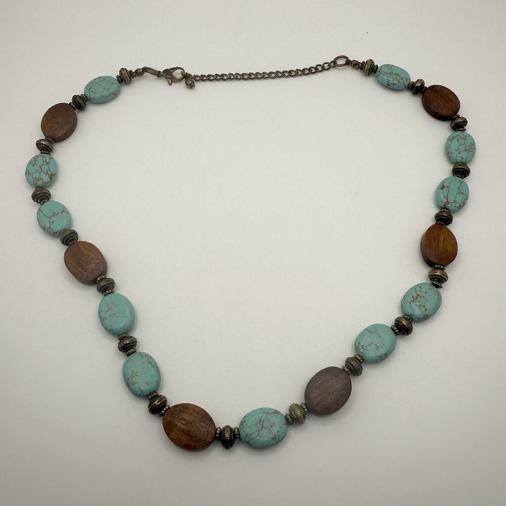 Howlite Wood Beaded Necklace Boho Faux Turquoise Bronze Tone 20”